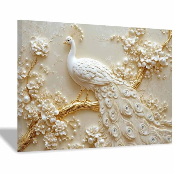 Mudket Canvas Wall Art Framed Ready to Hang White Peacock Pearl Plum Blossom Floral Print, Animal Floral Wall Decor Canvas Artwork for Living Room Bedroom Office Wall Pictures - 12"L x 8"W