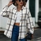 thumbnail image 4 of Blusa de camisa a cuadros con botones largos y cuello de manga larga para mujer (beige), 4 of 5