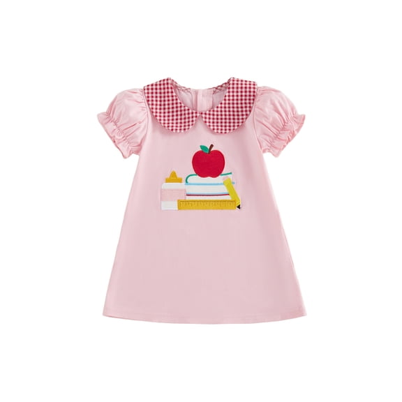BemeyourBBs Toddler Baby Girl Back to School Dress Outfit Little Girl Pre Kindergarten Dress Outfit Apple Book Pencil Embroidered Short Sleeve Doll Collar A-line Dress Spring Summer Fall Clothes