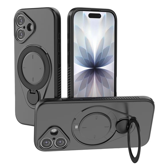 for iPhone 16 Case with Magnetic Rotating Ring Stand, Shockproof Soft TPU Wireless Charging Anti-Scratch Protection Anti-Scratch Soft Microfiber Lining Skin Friendlt Phone Cover, Black