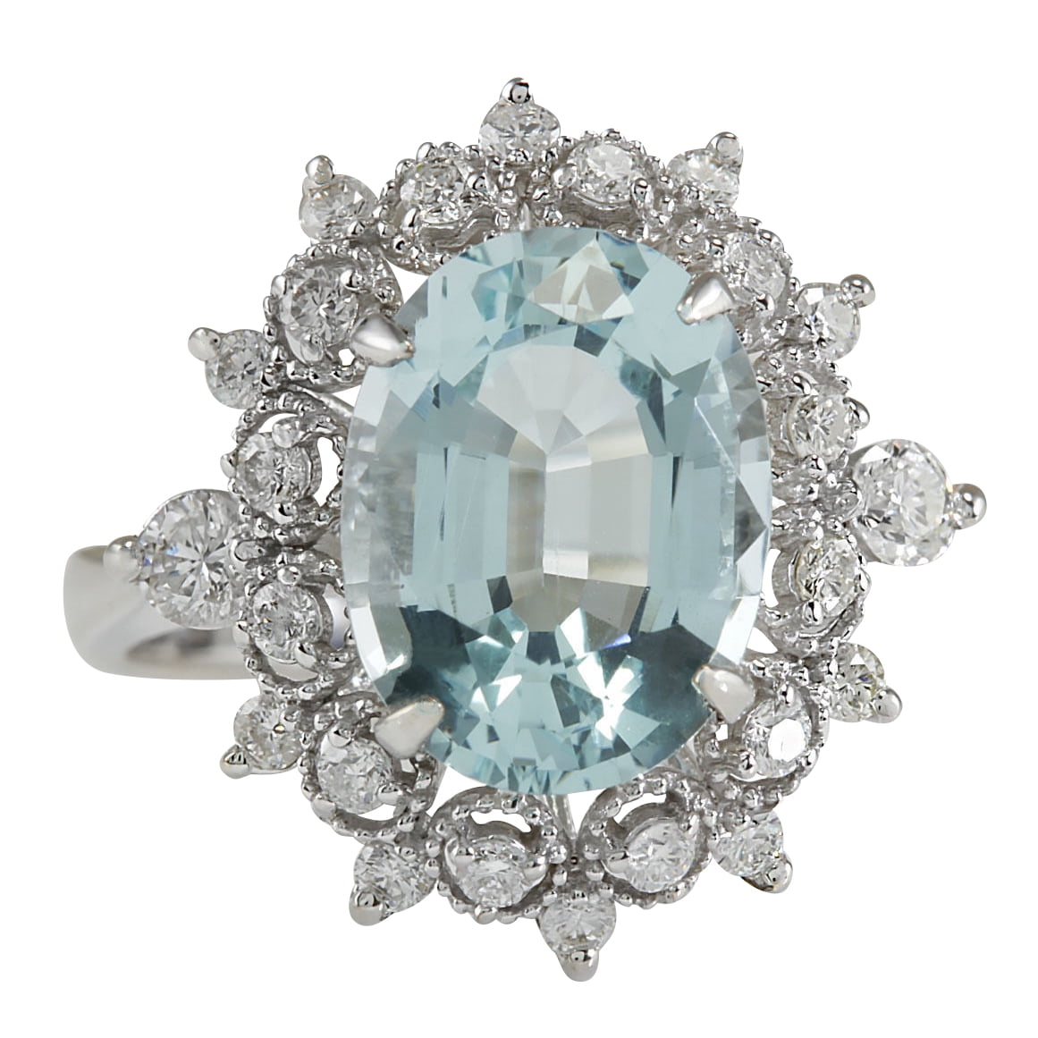 4.48CTW Natural Aquamarine And Diamond Ring In 14K Solid White Gold by