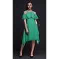 thumbnail image 2 of Bimba Green Leaves Printed Womens Ruffle Front Cold Shoulder Swing Shift Dress - Medium, 2 of 6