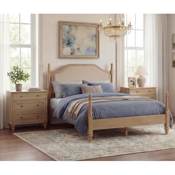 WAMPAT Queen Size 3-Piece Bedroom Furniture Set, Oak Wood Platform Bed with Upholstered Headboard and Storage Nightstands