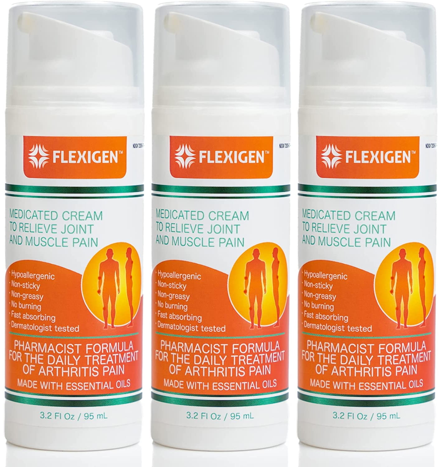 Flexigen Pain Relief Cream with Menthol and Frankincense, Non-Greasy, 3.2 fl oz, 3 Pack