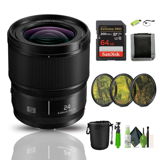 Panasonic Lumix S 24mm F/1.8 Lens Bundle with Lens Pouch + Cleaning kit + Extreme PRO 64GB Memory Card + Filter Kit and More Accessories