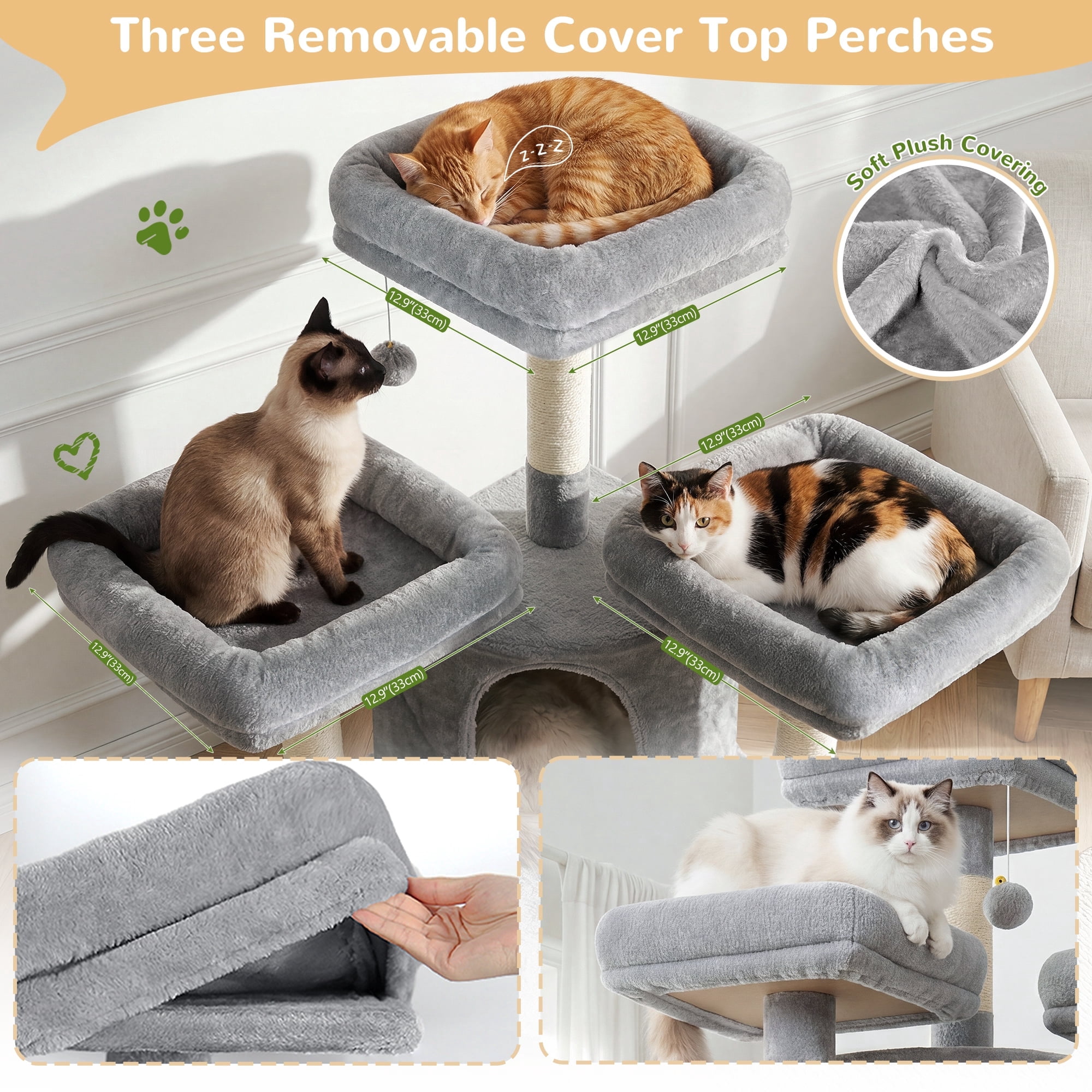 Globlazer 80in Heavy Duty Cat Tree for Large Cats, Multi-Level Cat Furniture Activity Center with 2 Condos, 2 Hammocks, 3 Perches & Sisal Scratching Posts，Light Grey