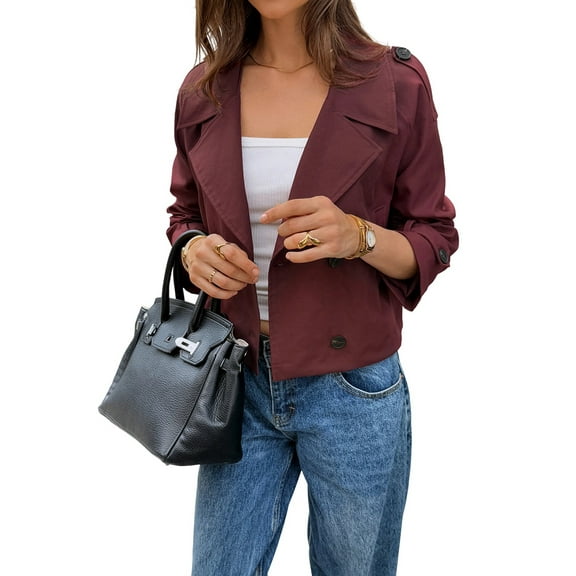 Women Cropped Trench Coat Casual Double Breasted Short Jacket Fall Fashion Outerwear with Belt Wine Red S