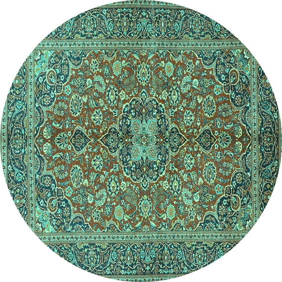 Ahgly Company Machine Washable Indoor Round Medallion Turquoise Blue Traditional Area Rugs, 7' Round