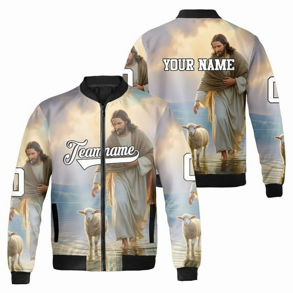 Personalized Christian Jesus Bomber Jacket with Lamb – Religious Faith-Based Zip Up Coat – Custom Inspirational Christian Outerwear for Men & Women