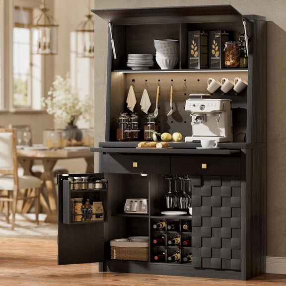 Tall Kitchen Pantry with Charging Station & LED Light, Sideboard Buffet Storage Cabinet with Hydraulic Flip Up Door, Drawers, Pegboard, Cupboard for Dining Room