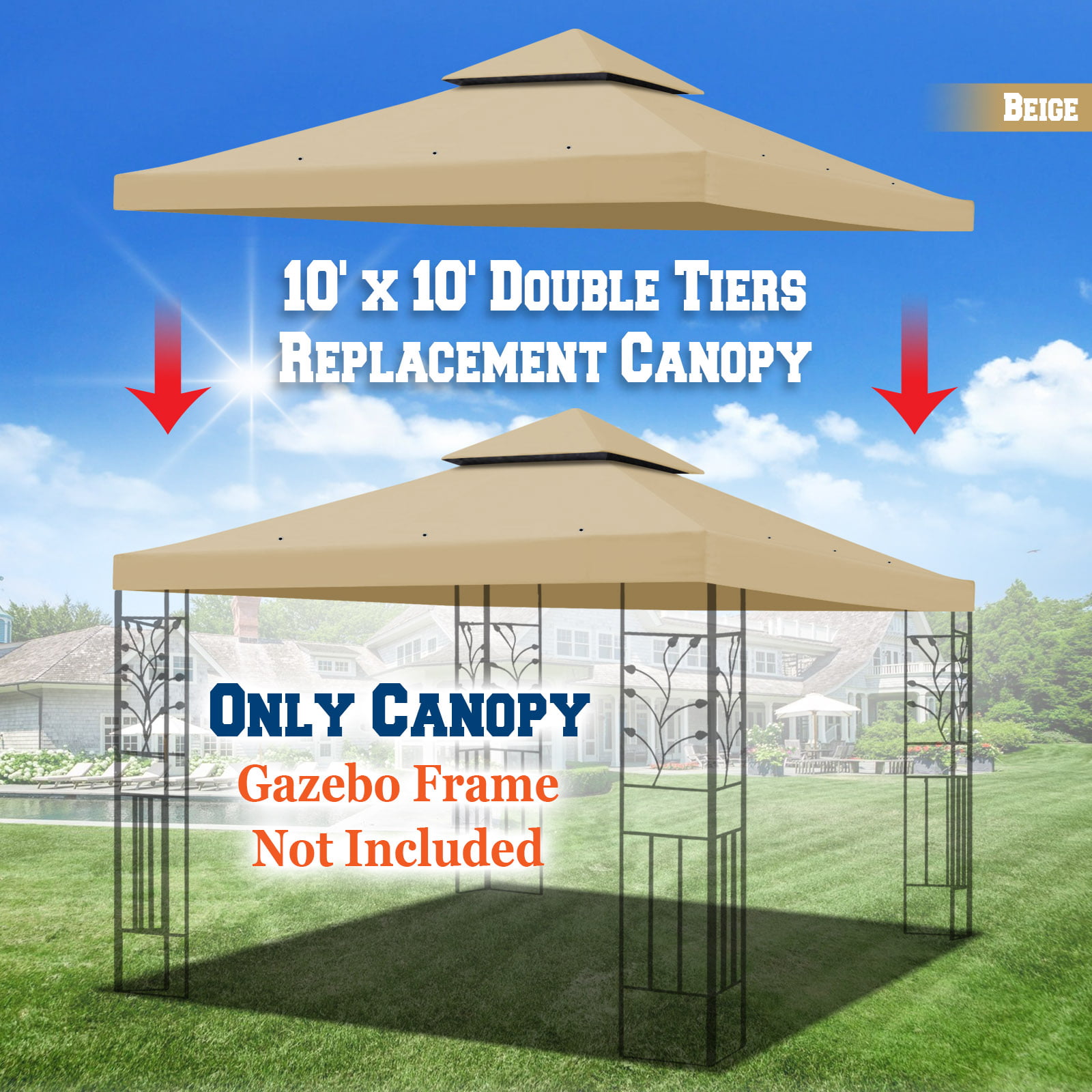 DesiDear Gazebo 10x10 FT Canopy Replacement Top Double Tiered BeigeBrown with lace 