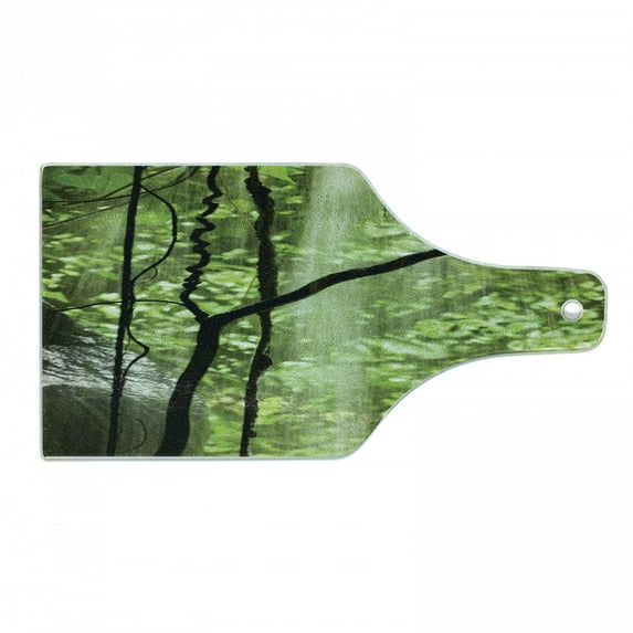 Rainforest Cutting Board, Jungle View with Waterfall Rocks and Trees Natural Beauty in Wild Atmosphere, Tempered Glass Cutting and Serving Board, Wine Bottle Shape, Green Brown, by Ambesonne