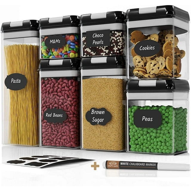 Airtight Food Storage Containers Set - 7 PC - Pantry Organization and Storage 100% Airtight, BPA Free Clear Plastic, Kitchen Canisters for Flour, Sugar and Cereal, Labels & Marker (Black)