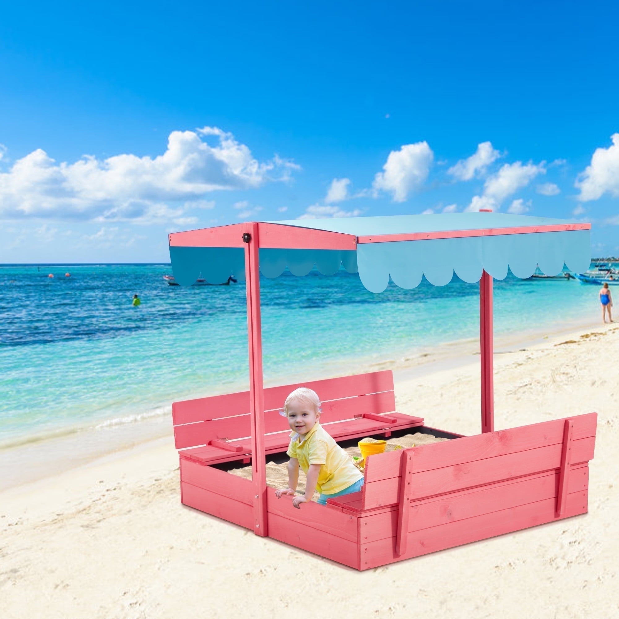 HOMMOW Wooden Sandbox with Lid, with Adjustable Canopy for Outdoor