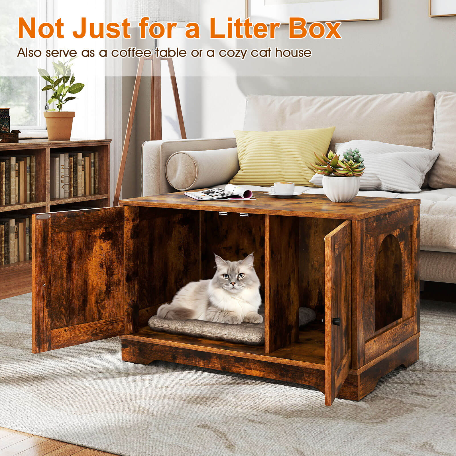 Costway Cat Litter Box Enclosure Furniture with Double Doors Divider Side Entry for Cats Brown