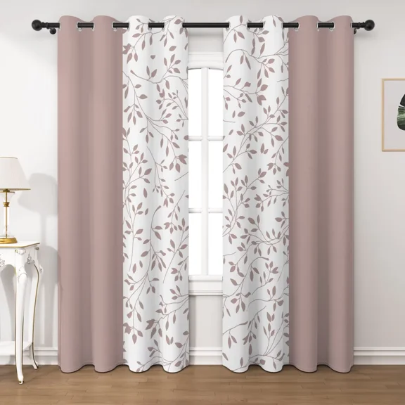 Lfeey Leaf Print Room Darkening Pinkout Curtains for Bedroom Living Room, Grommet Curtains Pink and White, 42x63 Inches, 2 Panels