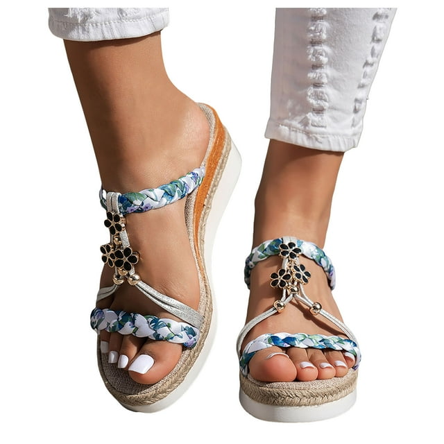 Womens Boho Beach Slides Sandals Summer Bohemian Braided Platform Wedge Slingback Dress Sandals