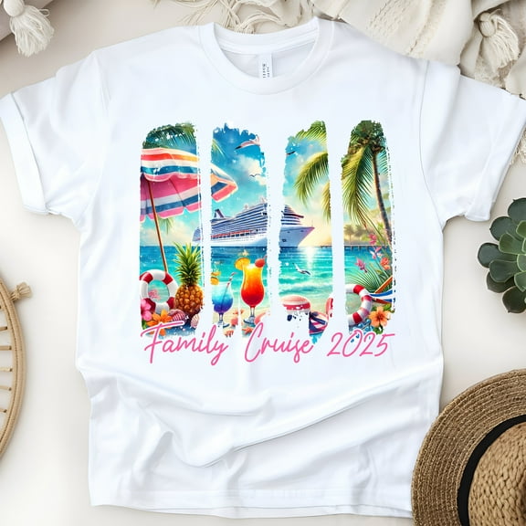 Family Cruise 2025 T-Shirt – Tropical Beach and Cruise Ship Matching Tee, White, Size S