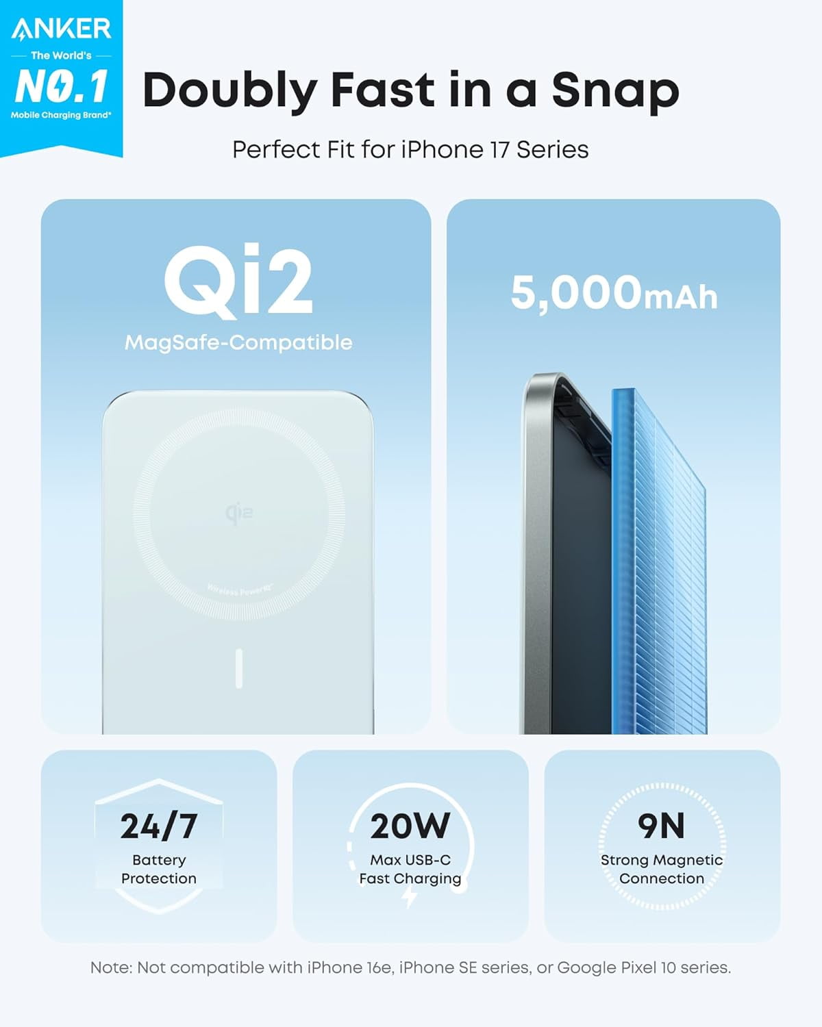 Anker Nano Power Bank, Ultra-Slim 5,000mAh Magnetic Wireless Charging Battery, Qi2 Certified 15W Max MagSafe-Compatible Portable Charger, Ergonomic Design, Compatible for iPhone Air/17/16 Series