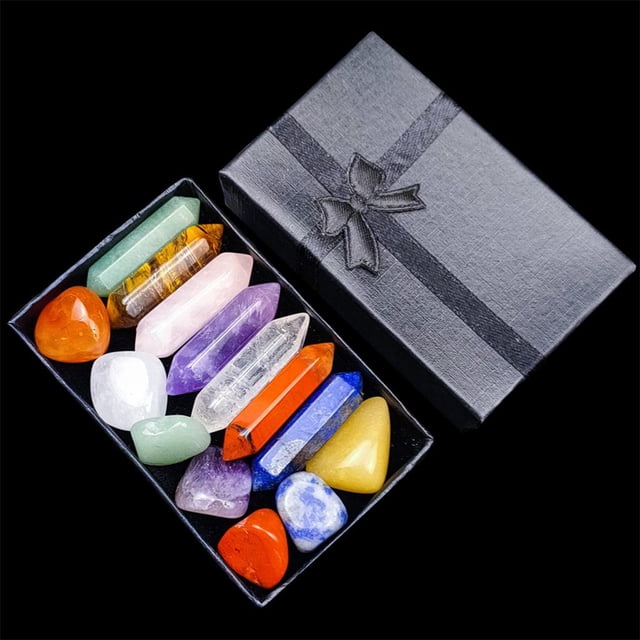 de 14 cristales en caja de paquete: piedras caídas, rosa, racimo de amatista, fluorita, labradorita, piedras naturales Macarena piedra de cristal
