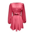 thumbnail image 4 of biudgviw Flowy Dresses for Women Lounge Long Sleeve Crewneck T-Shirts Dress Fall Elegant Warp Knot Pleated Party Dress, 4 of 5