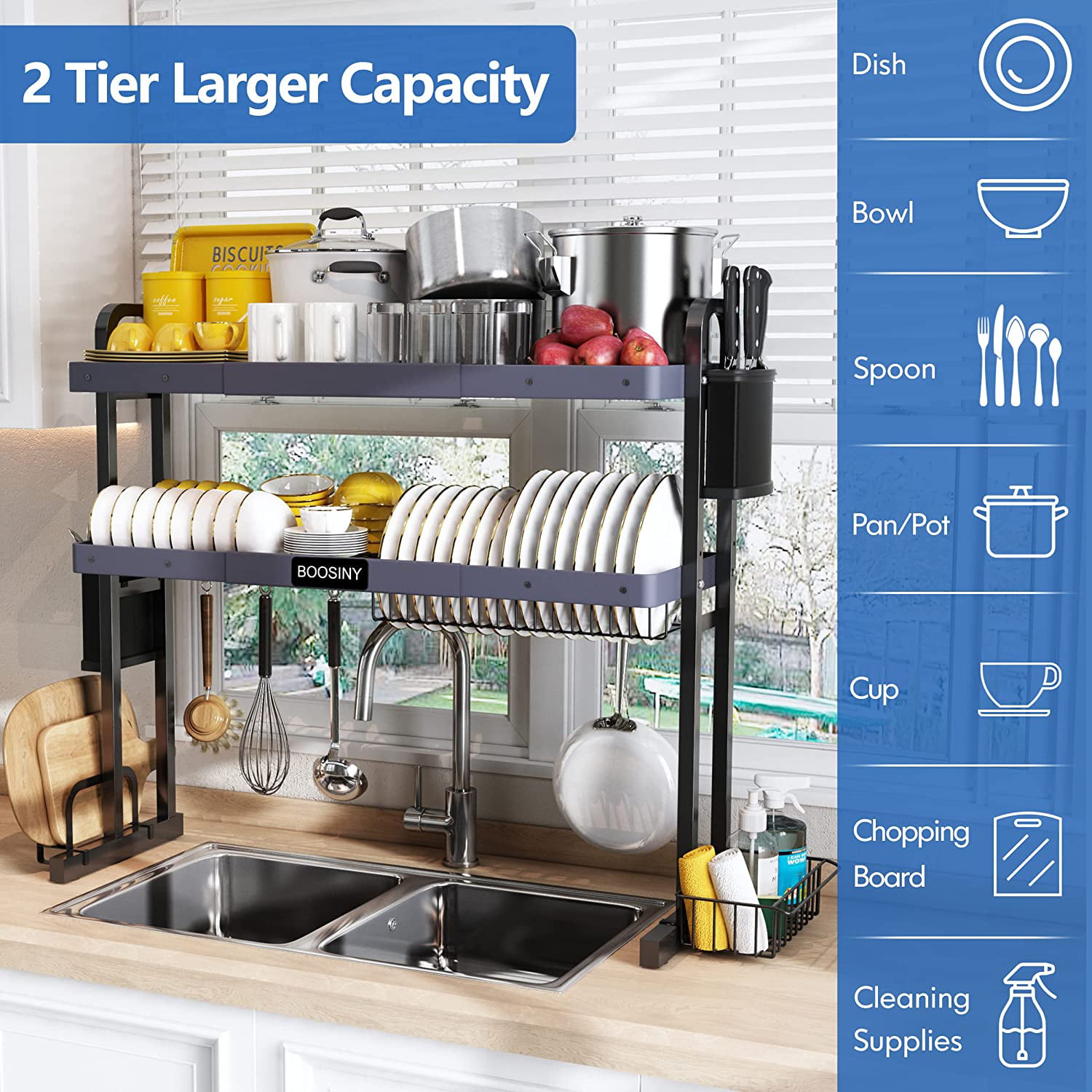 Large Dish Drying Rack with Drainboard Set, Boosiny 2 Tier