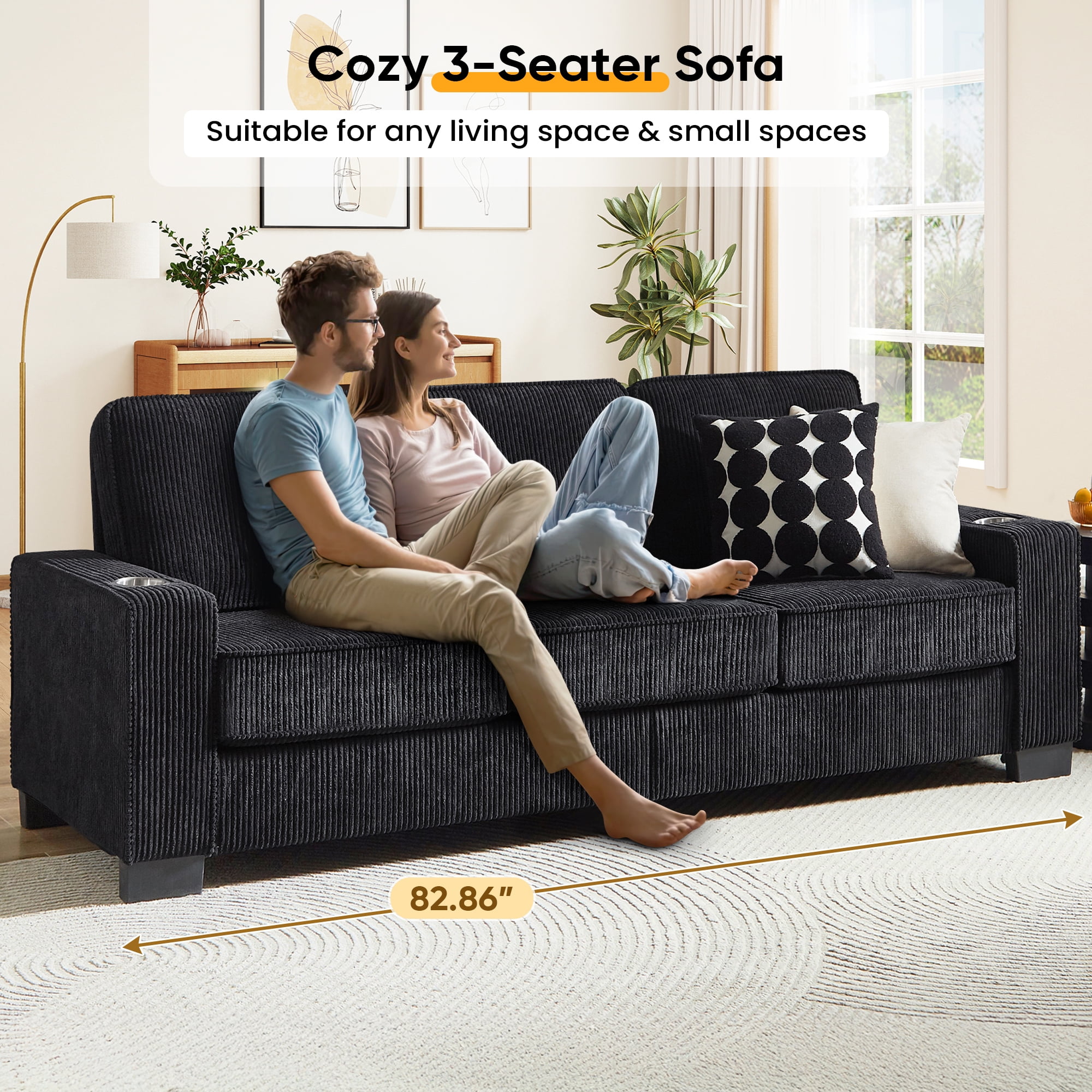 Lunale 83" Corduroy Sofa with Cup Holders, Modern 3-Seater Couch for Living Room, Apt., Black