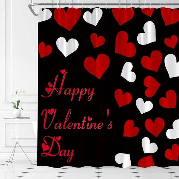 Rideau de Douche Saint-Valentin Cœur Rouge Fond Noir Romantique Couple Doux Ensemble de Rideaux de Salle de Bain avec Crochets (70 Pouces Lx84 H)