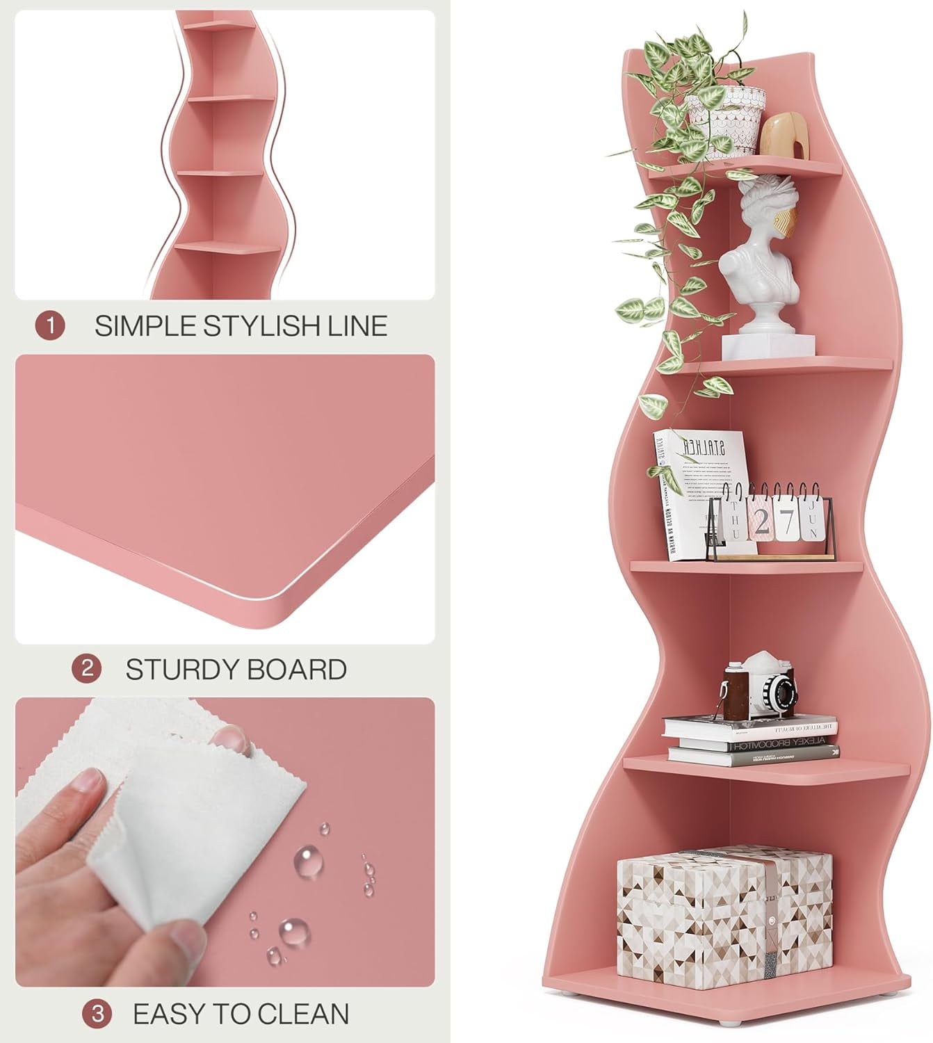 Tribesigns Modern Corner Shelf, 5-Tier Corner Bookshelf WavyBookcase for Small Space, Living Room (Pink)