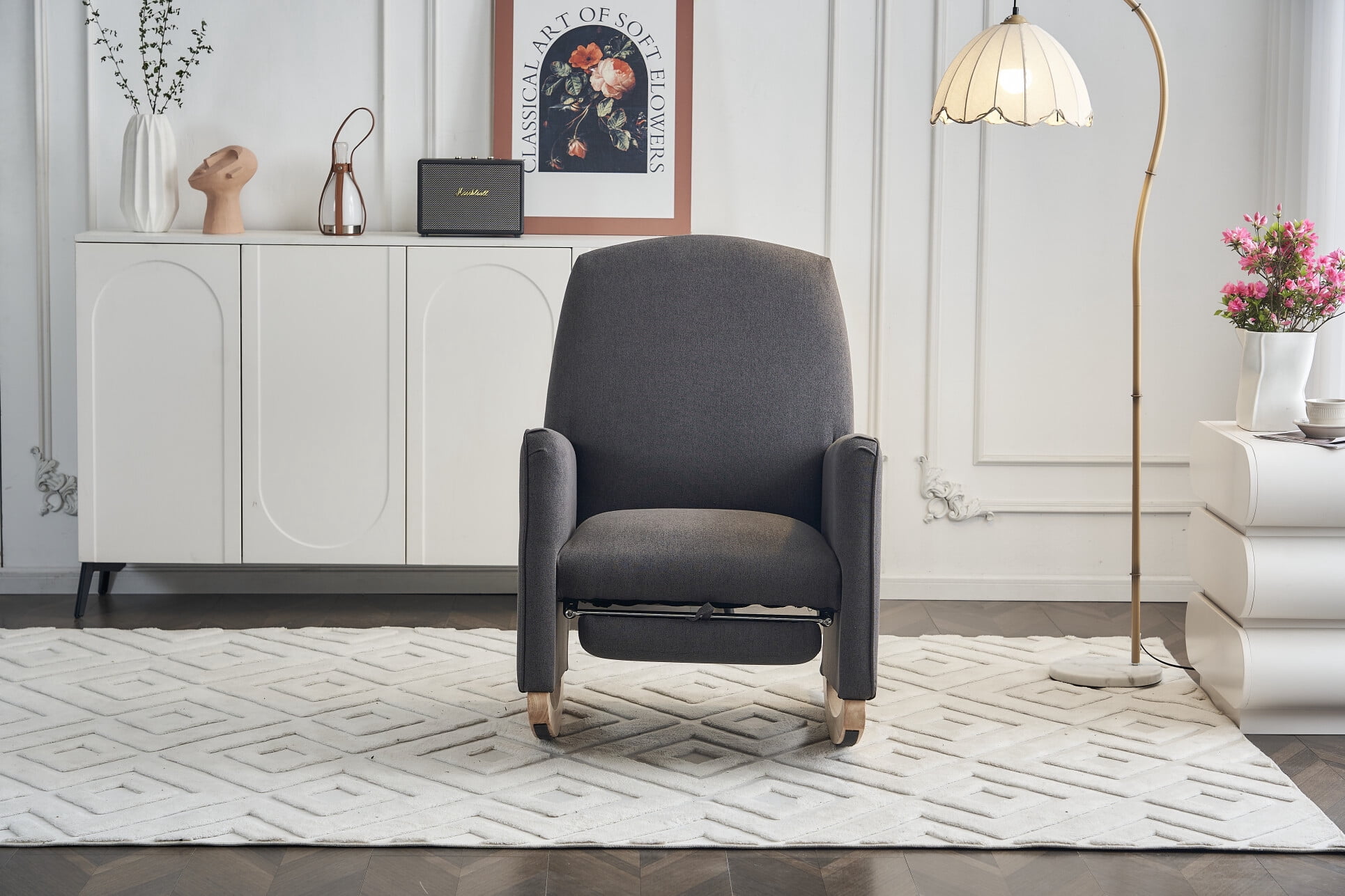 Rocking Chair Nursery Glider Chair with Adjustable FootRest, Nursery Rocking Chairs with Wood Legs Side Pocket, Cotton Linen High Back Nursing Chair, for Living Room, Bedroom, Cozy Reading, Dark Gray