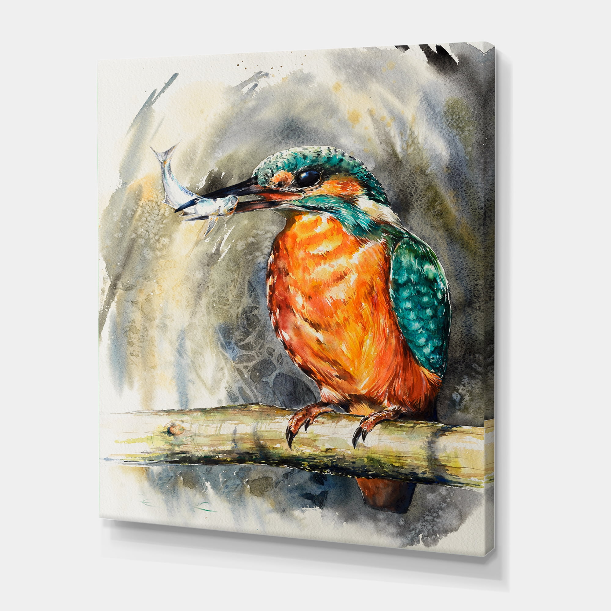 Designart ' Common Kingfisher On Branch Eating A Small Fish ' Traditional Canvas Wall Art Print