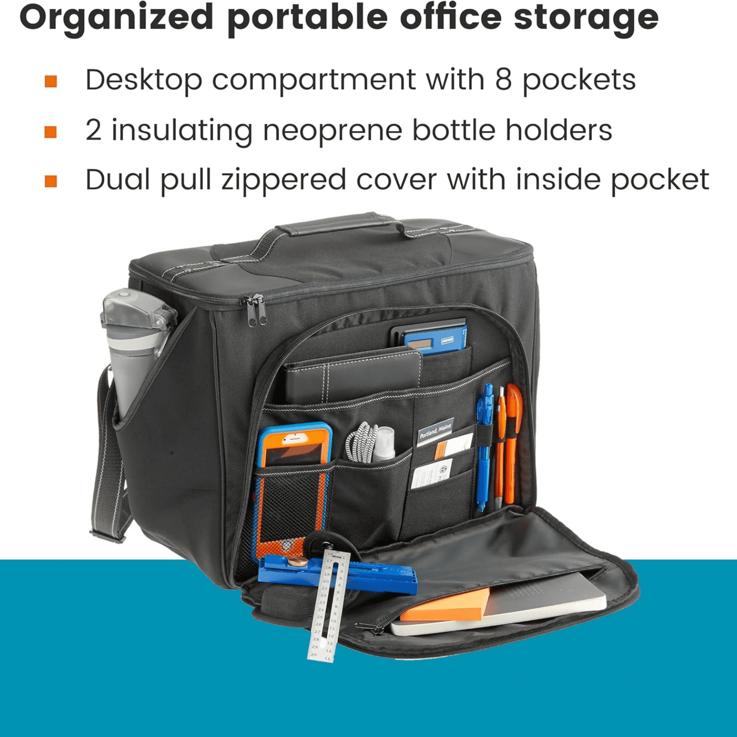 Car Office Organizer - Front Seat Organizer with Desk Supplies Compartment, Laptop Sleeve, 2 Bottle Holders, Storage Cover and Padded Shoulder Strap for Cars, Trucks and Patrol Vehicles