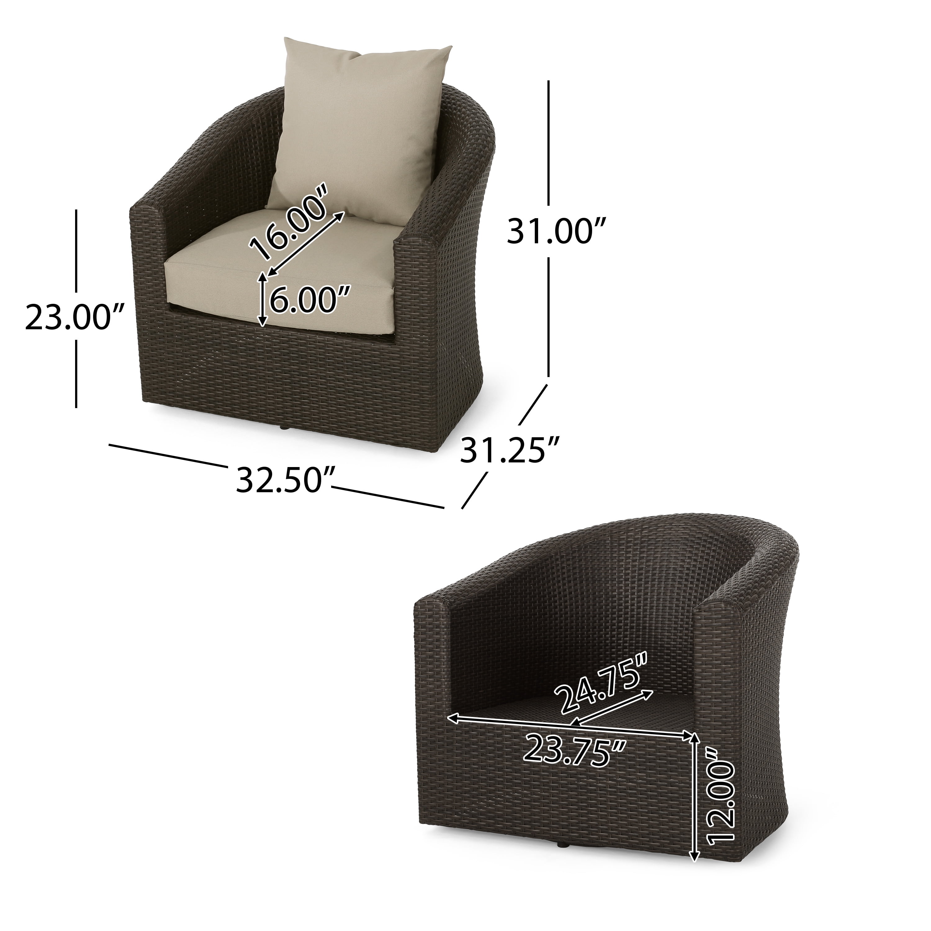 Swivel Chair, Outdoor Aluminum Frame Wicker Rotatable Chair for Patio Garden, Brown and Beige