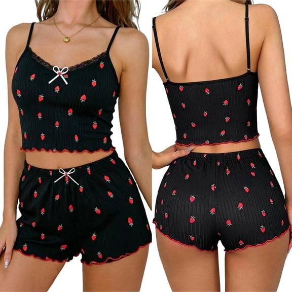 Short Pajama Set for Women Strawberry Print Cami Shorts Fitted Comfy 2 Piece Womens Pajama Sets Black L