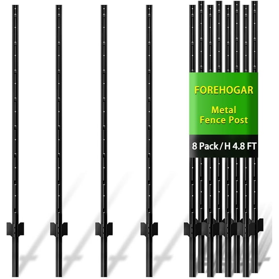 Metal Fence Post Black 4.8 feet, Pack of 8, T Posts for Wire Fence, No Dig Steel U Posts Fencing for Lawn Garden Wire Mesh Fence Poles Sign Outdoor Light Duty