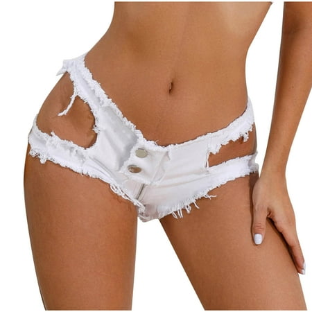 nerohusy Denim Hot ShortsWomen s 2024 Low Rise Denim Shorts Sexy Cut Off Mini Hot Pants Lace Up Frayed Cheeky Booty Shorts Clubwear White S