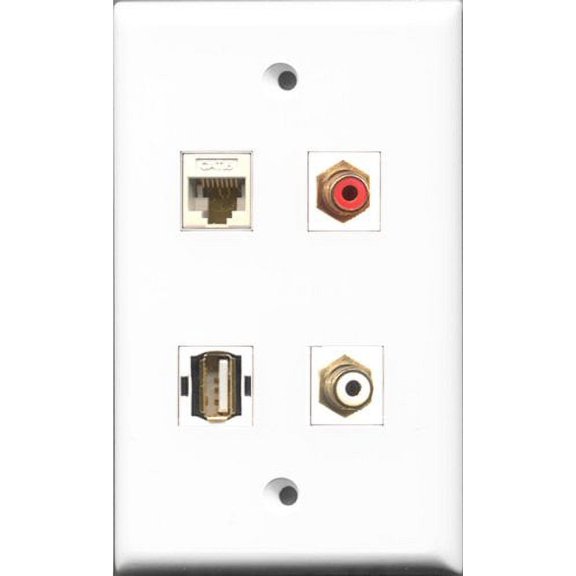 RiteAV 1 Port RCA Red and 1 Port RCA White and 1 Port USB A-A and 1 Port Cat6 Ethernet White Wall Plate