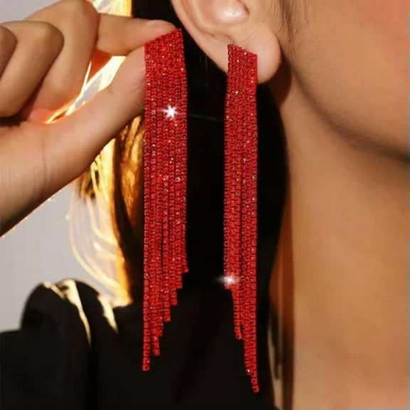 HOOUN Long Red Dangle Drop Rhinestone Earrings Prom Wedding Pageant Holiday Party