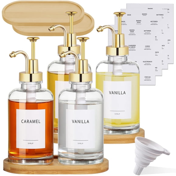 4 Piezas Dispensador de Jarabe para Café,Botellas de Jarabe con Dos Bandejas, Dispensador de Jarabe de Vidrio (500 ml), con Bomba, Embudo y Etiqueta, Adecuado para Usar en Cocinas, Cafeter&