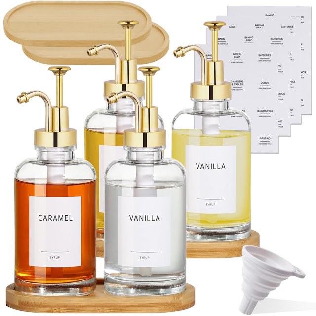 4 Piezas Dispensador de Jarabe para Café,Botellas de Jarabe con Dos Bandejas, Dispensador de Jarabe de Vidrio (500 ml), con Bomba, Embudo y Etiqueta, Adecuado para Usar en Cocinas, Cafeter&