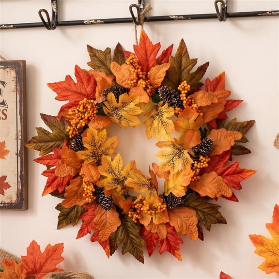 Fall Maple Leaf Wreath for Front Door,Artificial Autumn Leaves Wreaths,Artificial Maple Leaves Fall Wreath for Porch Thanksgiving & Harvest Fall Decor,Halloween Harvest Door Decorations,B