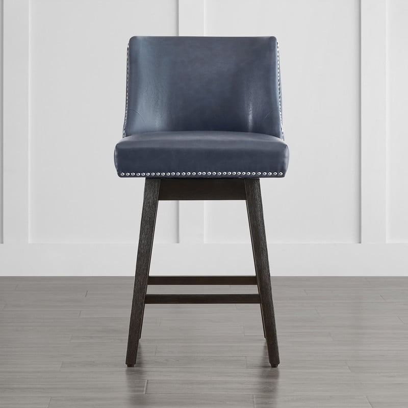 CHITA 26 inch Swivel Upholstered Counter Height Bar Stools with Full Back Set of 2,Faux Leather in Navy Blue