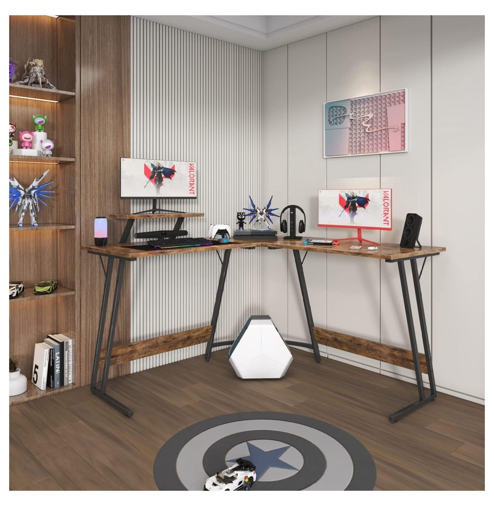 SONGMY L Shaped Gaming Desk Computer Corner Desk PC Gaming Desk Table with Large Monitor Riser Stand for Home Office Sturdy Writing Workstation (Classical Brown, 51 Inch)