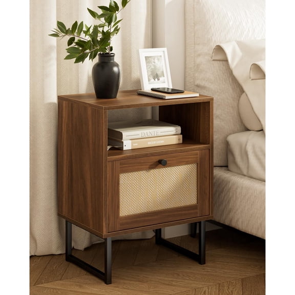 Extra Large Rattan Nightstand,Modern Boho Farmhouse Wood Bedside Table with Storage Drawer and Open Shelf, Black Frame Side End Table for Bedroom,Living Room,Office (Walnut)