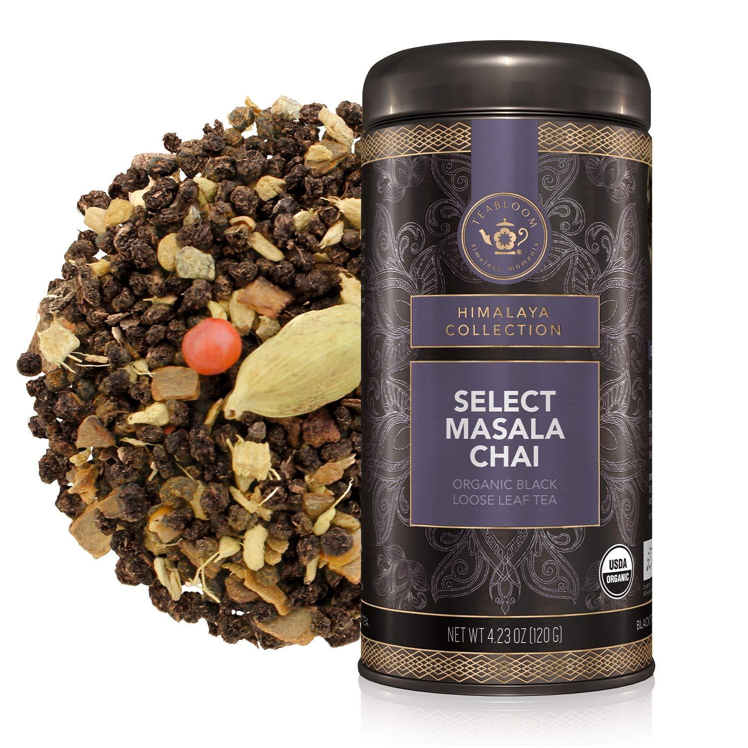 Teabloom Organic Black Tea, Select Masala Chai Loose Leaf Tea, Rich and Spicy Traditional Chai, Exceptional USDA Certified Organic, Fresh Whole Leaf Blend in Reusable Gift Canister, 3.53 o