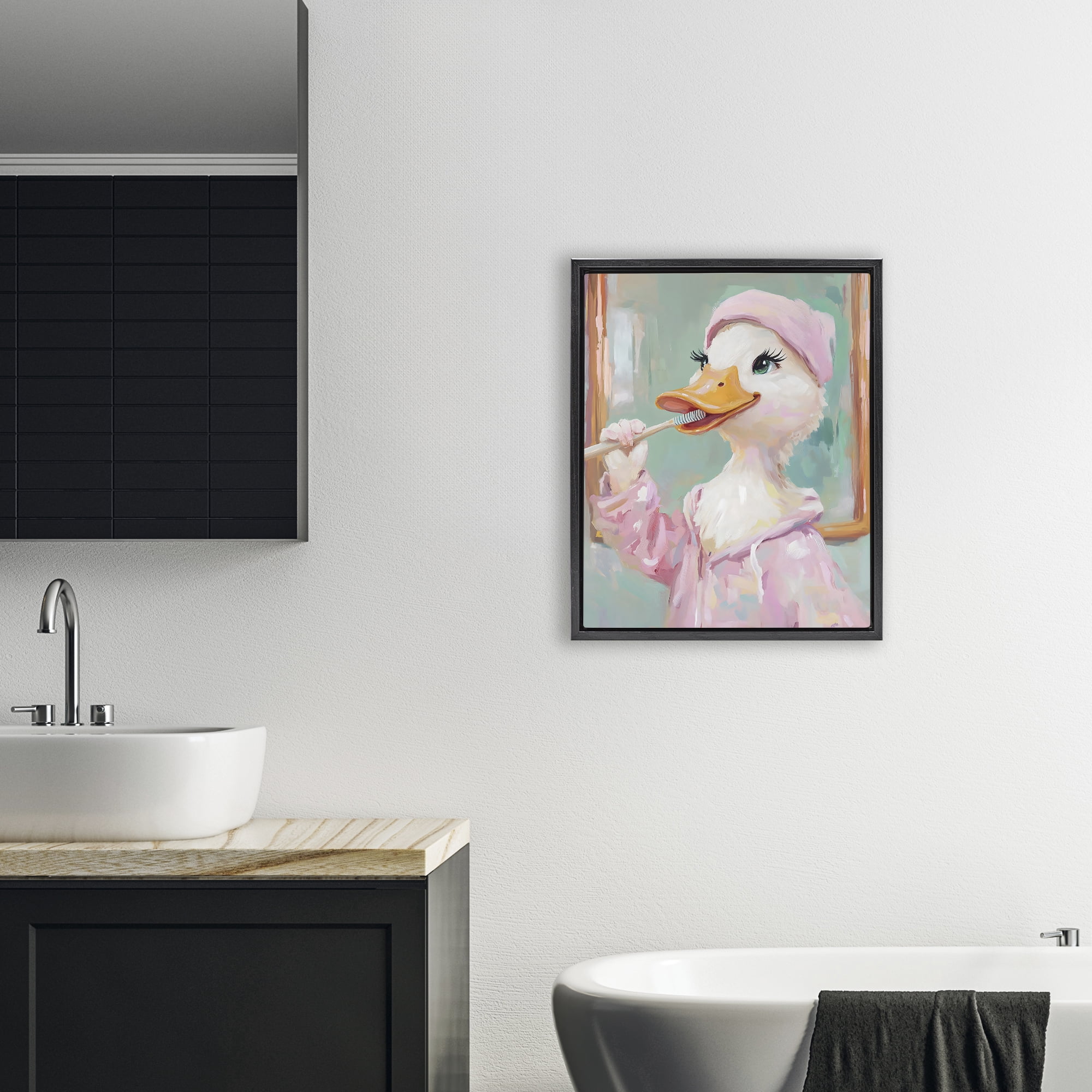 Stupell Industries Duck Brushing Teeth Black Framed Floater Canvas Wall Art, design by The Prints Vibe