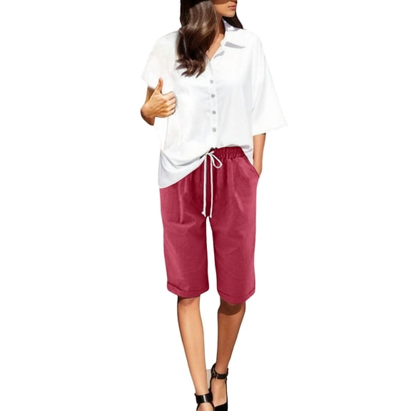 Aihuaihua Linen Shorts for Women Bermuda Pants Knee Length Long Shorts Solid Color Plus Size Dressy Casual Pull On with Drawstring XL