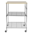 thumbnail image 6 of Kitchen Microwave Cart on Wheels, Wire Rolling Cart with 4 Chrome Hooks, 3 Tier Bakers Rack with Wood Table, Slides Out Shelves, 24L x 18W x 33.5H Inches, Chrome/Wood, 6 of 9