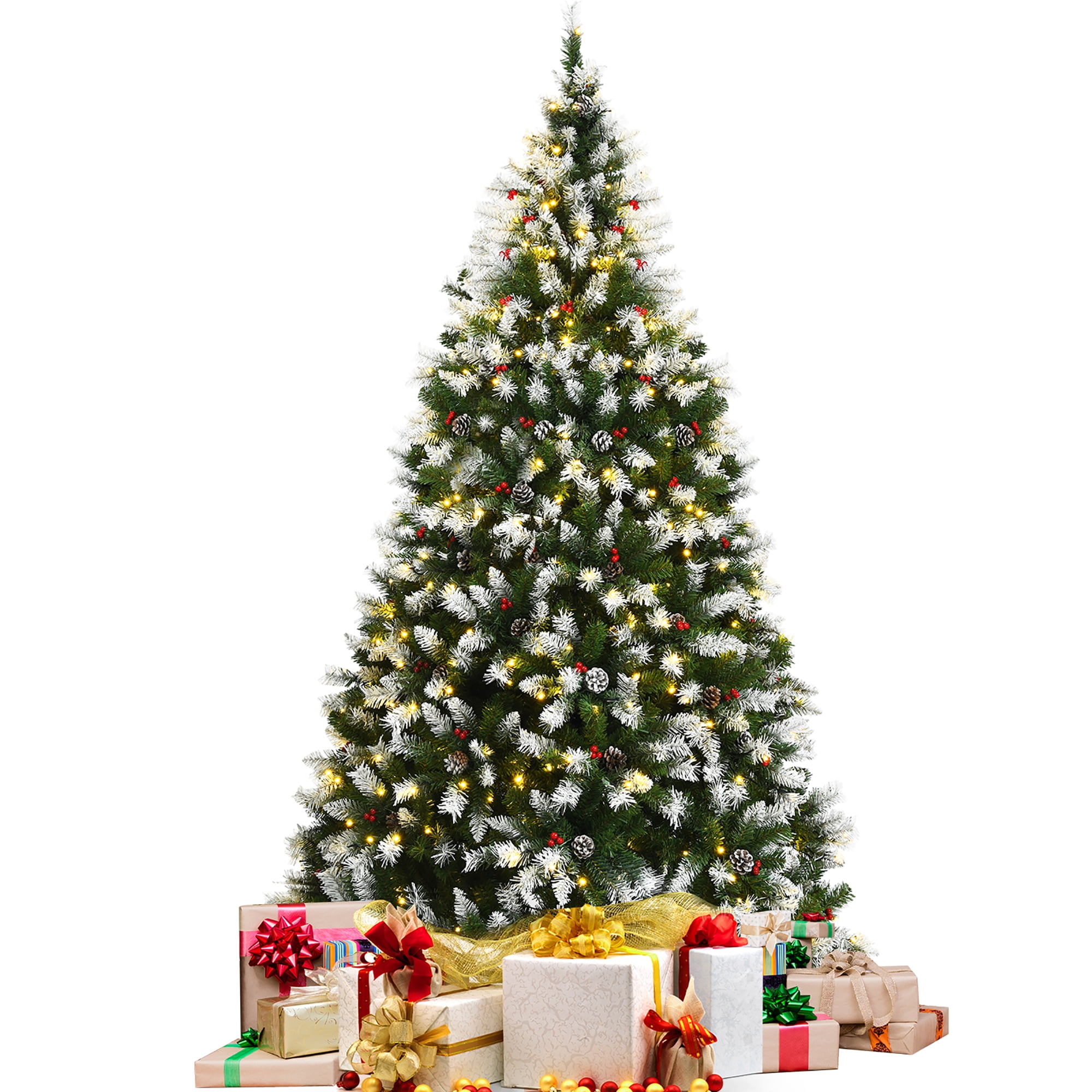 Costway 7.5ft Pre-lit Snowy Christmas Tree 1398 Tips with Pine Cones & Red Berries