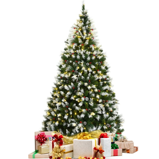 Árbol de Navidad Costway nevado preiluminado 225 cm 1398 puntas con Piñas y frutos rojos